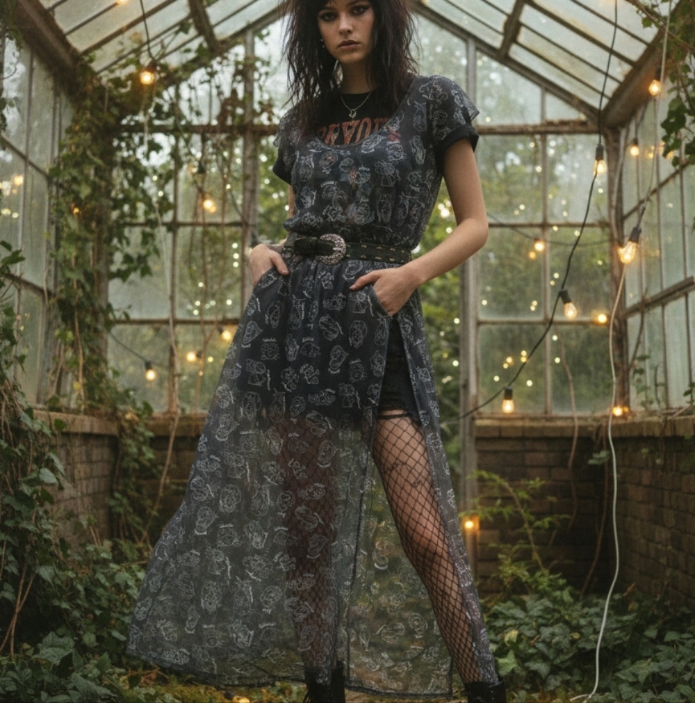 NWT Dressed in LALA Size S Zodiac Mesh Maxi Dress High Slits Grunge Fairycore!